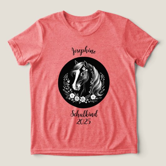 Schulkind 2026 - Pferd mit Blumen - schwarz weiß | Tri-Blend Shirt (Design voorkant)
