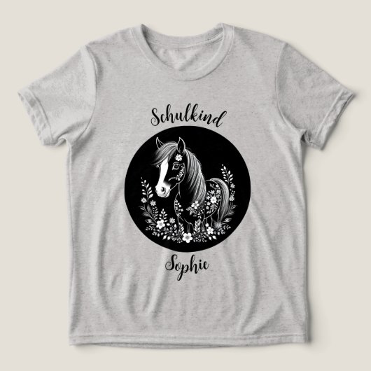 Schulkind - Pony mit Blumen - schwarz weiß | Tri-Blend Shirt (Design voorkant)