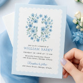 Schulpvormige Rand Blauw Bloemen Kruis Doop Uitnod Kaart