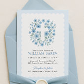 Schulpvormige Rand Blauw Bloemen Kruis Doop Uitnod Kaart