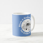 Schuren & bijgebouwen Cartoon met telefoonnummer. Koffiemok (Voorkant rechts)