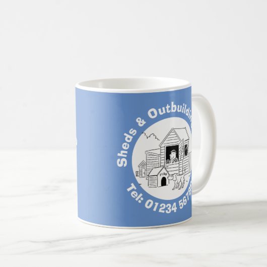 Schuren & bijgebouwen Cartoon met telefoonnummer. Koffiemok (Voorkant rechts)