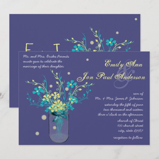 Schuur Bruiloft Marine Aqua Gele Bloem Mason Jar Kaart (Voorkant / Achterkant)