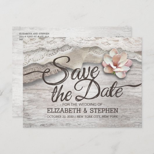 Schuur Hout Burlap Kant Bloemen Bruiloft Save The  Aankondigingskaart (Voorkant / Achterkant)