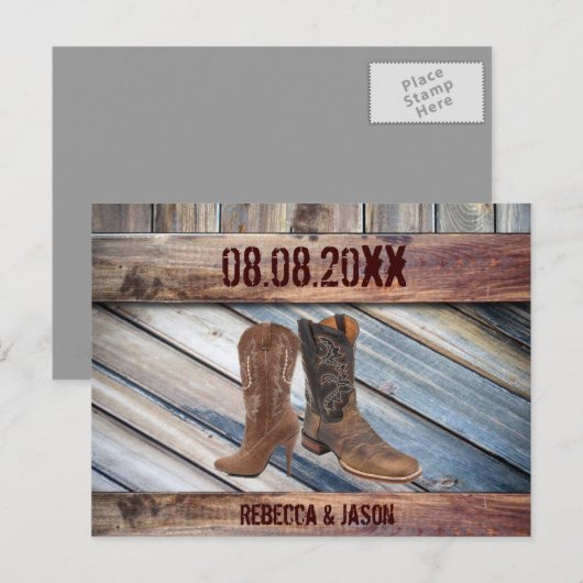 schuur hout Cowboy Western Wedding, behalve datum Aankondigingskaart (Voorkant / Achterkant)