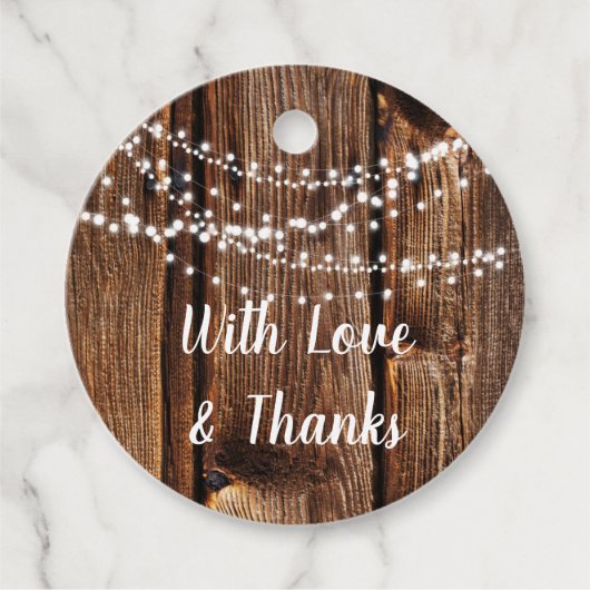 Schuur Hout en Fairy Lights Bruiloft Bedankjes Labels (Voorkant)
