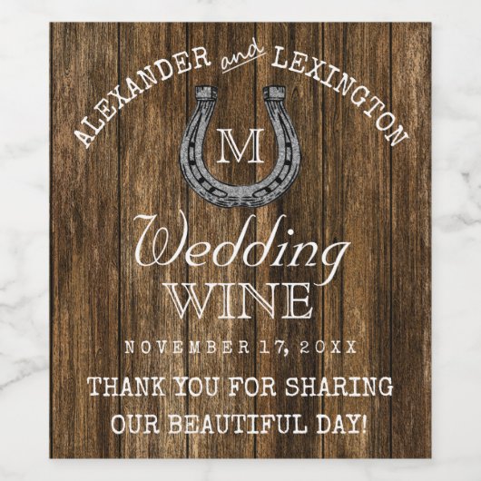 Schuur Hout en Hoefijzer Rustiek Land Bruiloft Wijn Etiket (Enkel label)