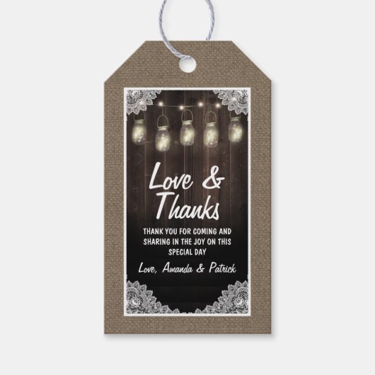 Schuur Hout en Kant Mason Jar Bruiloft Dank u Cadeaulabel (Voorkant)