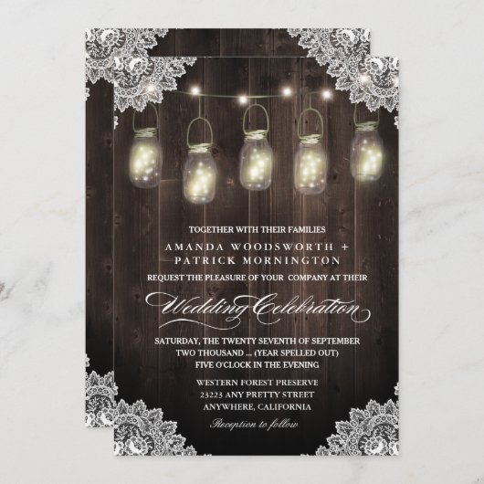 Schuur Hout en Kant Mason Jar Bruiloft uitnodiging (Voorkant / Achterkant)