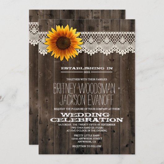 Schuur hout en kant zonnebloem bruiloft uitnodigin kaart (Voorkant / Achterkant)