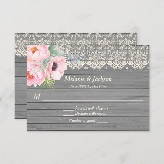 Schuur hout kantwerk pioenrozen anemoon Huwelijksr Kaart (Voorkant / Achterkant)