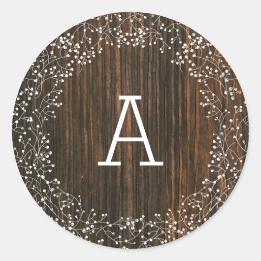 Schuur hout monogram baby's adem bruiloft ronde sticker (Voorkant)