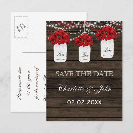 Schuur hout poinsettia mason jar opslaan van de da aankondigingskaart (Voorkant / Achterkant)