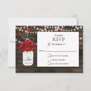 Schuur hout poinsettia mason jar rustieke bruiloft RSVP kaartje