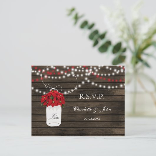 Schuur hout poinsettia mason jar rustieke bruiloft uitnodiging briefkaart (Staand voorkant)