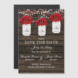 Schuur hout poinsettias mason jar opslaan de datum magnetische uitnodiging