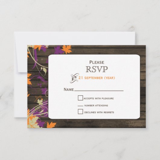 Schuur hout Rustieke pruim bladeren herfst bruilof RSVP Kaartje (Voorkant)