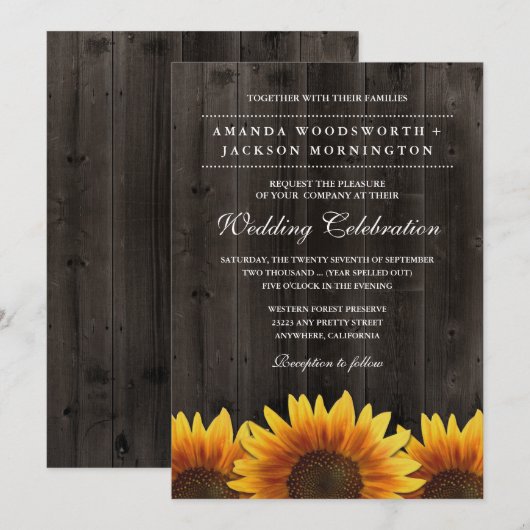Schuur hout + rustieke zonnebloem bruiloft uitnodi kaart (Voorkant / Achterkant)