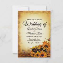 Schuur Hout + Rustieke Zonnebloem Huwelijk Kaart