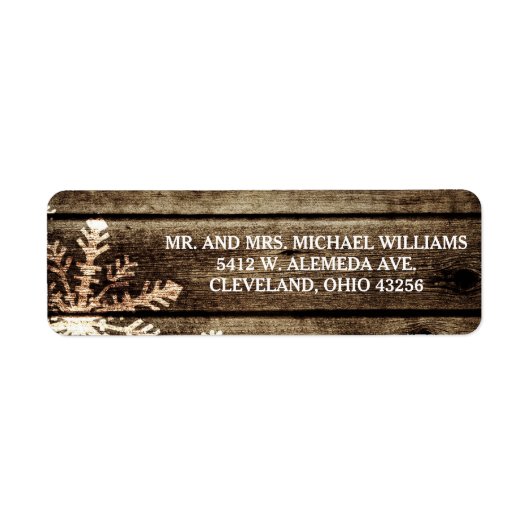 Schuur hout sneeuwvlokken rustieke winter bruiloft etiket (Voorkant)