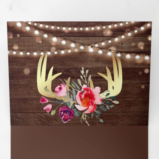 Schuur Hout String Lights Floral Goud Antler Weddi Drieluik Uitnodiging (Binnenzijde eerst)