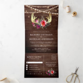 Schuur Hout String Lights Floral Goud Antler Weddi Drieluik Uitnodiging (Binnen)