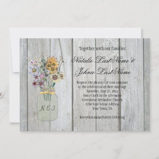Schuur Hout Wildbloemen Mason Jar Ribbon Bruiloft Kaart (Voorkant)