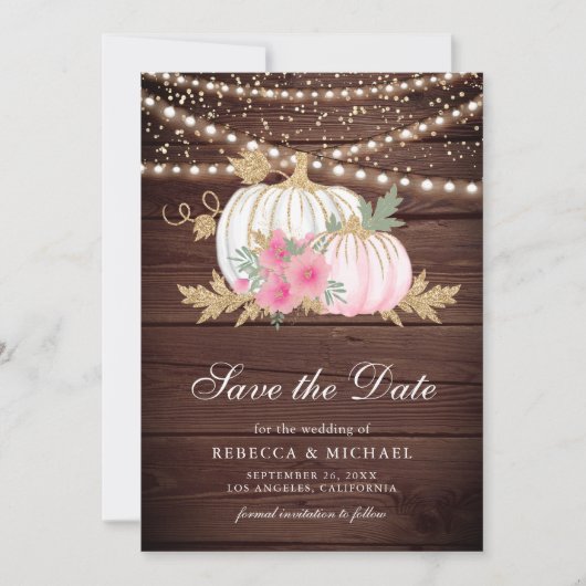Schuur Hout Witte Pompoen Roze Bloemen Huwelijksfo Save The Date (Voorkant)