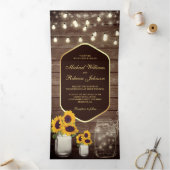 Schuur Hout Zonnebloem Mason Jar String Licht Brui Drieluik Uitnodiging (Binnen)