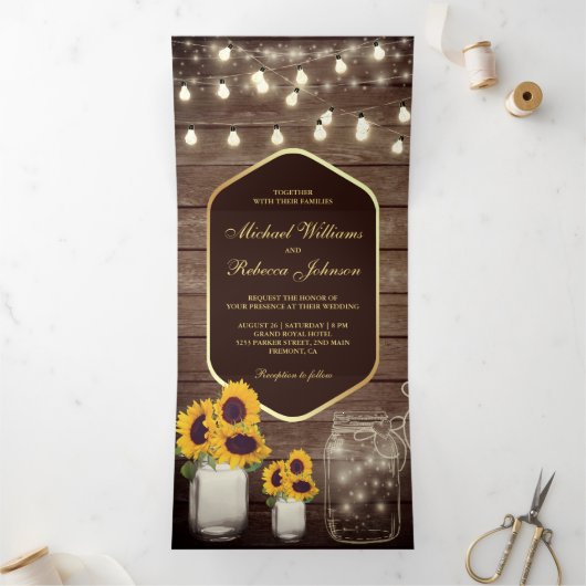 Schuur Hout Zonnebloem Mason Jar String Licht Brui Drieluik Uitnodiging (Binnen)