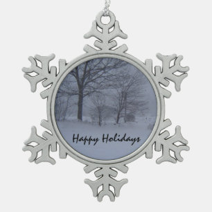 Schuur in een Maine Snow Storm Tin Sneeuwvlok Ornament