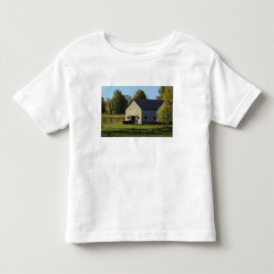 Schuur op volbloed paardenfokkerij bij zonsopgang, kinder shirts