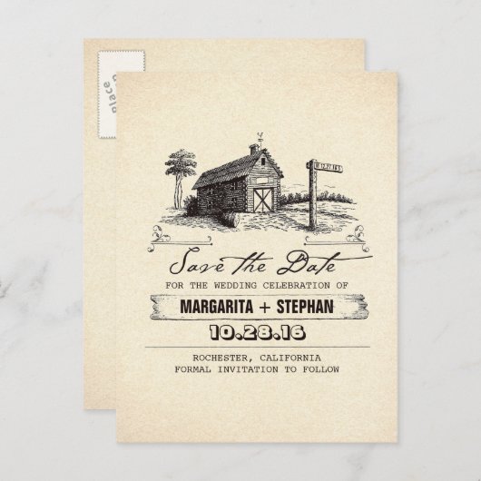 schuur oude rustieke save the date briefkaarten (Voorkant / Achterkant)