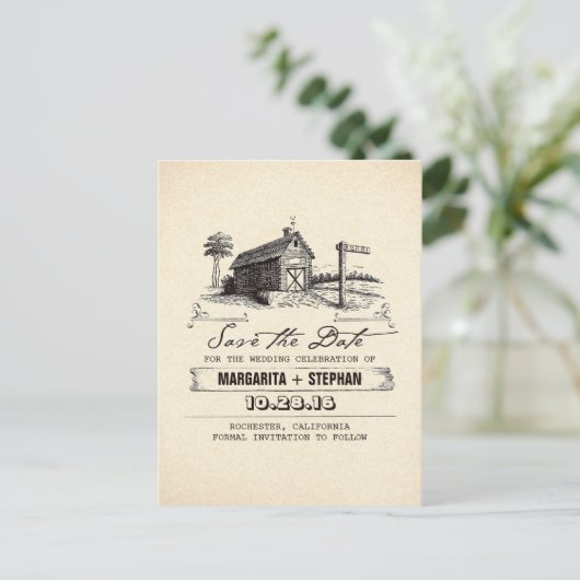  schuur oude rustieke save the date briefkaarten (Staand voorkant)