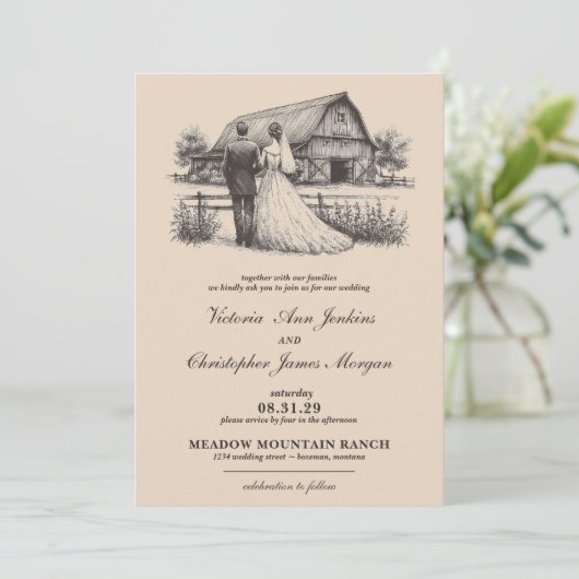 Schuur Paar Bruiloft Kaart (Staand voorkant)