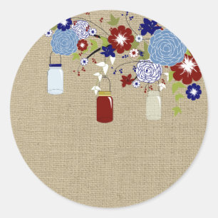 Schuur Rood en Blauw Mason Jar Faux Burlap Sticker