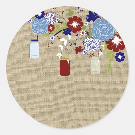 Schuur Rood en Blauw Mason Jar Faux Burlap Sticker (Voorkant)