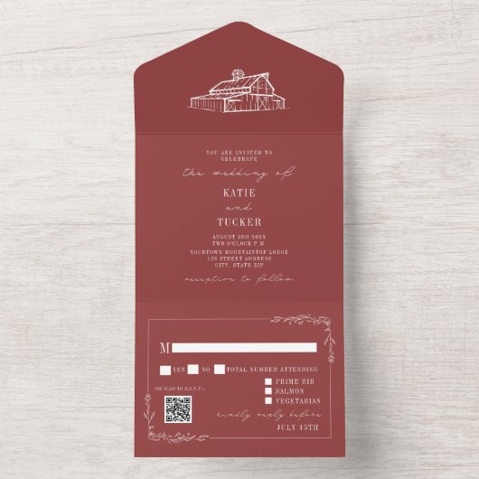  Schuur Rustiek Rood QR RSVP Boerderij Bruiloft All In One Uitnodiging (Binnen)