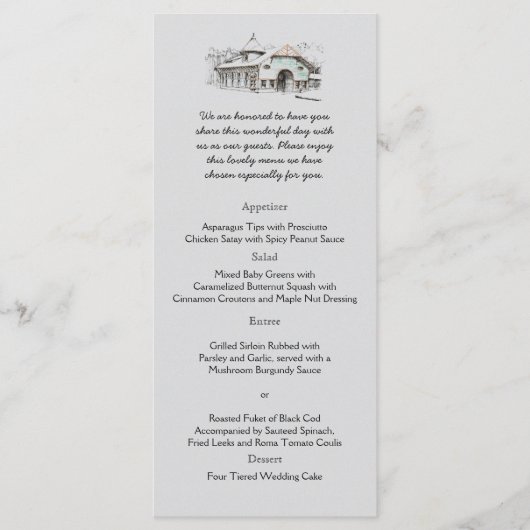 Schuur schets land bruiloft menu (Voorkant)
