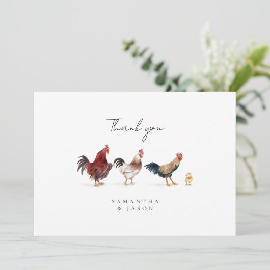 Schuur thema kip bruiloft bedankkaart (Staand voorkant)