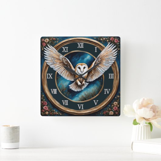 Schuur Uil en Rozen Fantasy Art Vierkante Klok (Huis)
