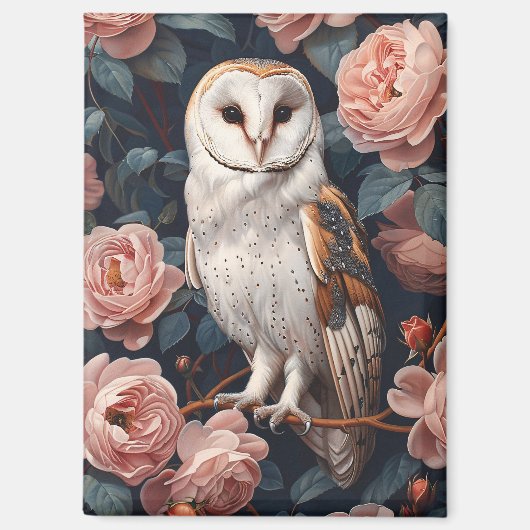 Schuur uil gelegen tussen roze rozen magneet (Voorkant)