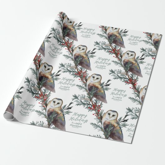 Schuur Uil in de Bos Prettige feestdagen Naam toev Cadeaupapier (Uitgerold)