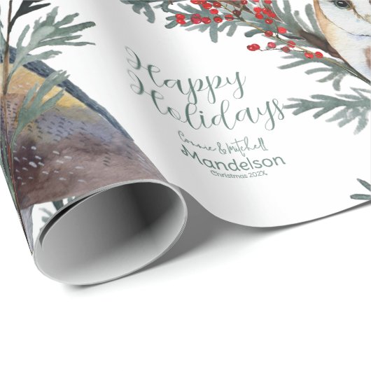 Schuur Uil in de Bos Prettige feestdagen Naam toev Cadeaupapier (Rol Hoek)