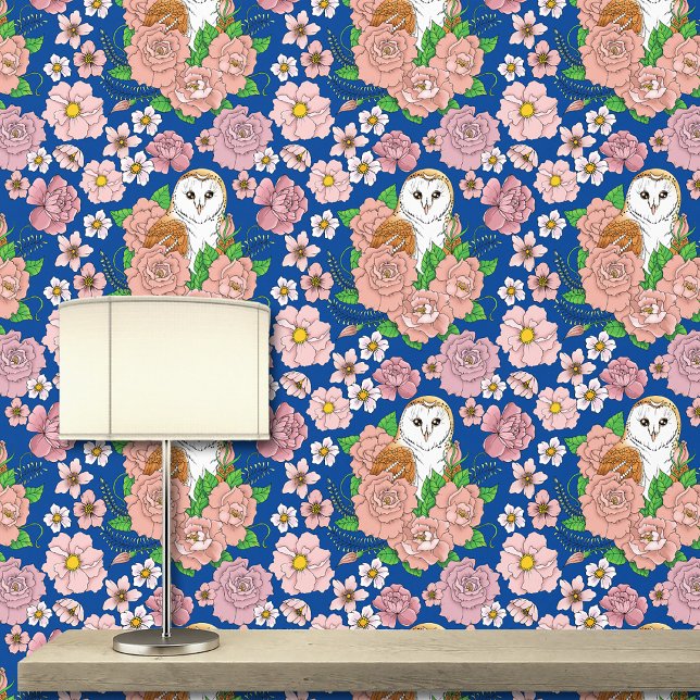 Schuur Uil Roze Bloemen Blauw Behang (Creator heeft geüpload)