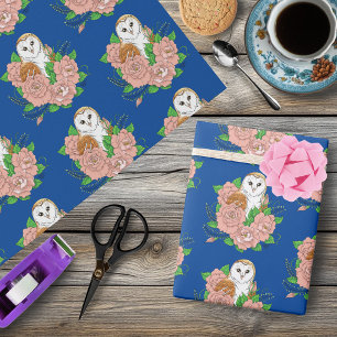 Schuur Uil Roze Bloemen Blauw Cadeaupapier