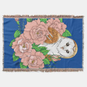 Schuur Uil Roze Bloemen Blauw Deken (Voorkant)