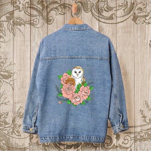 Schuur Uil Roze Bloemen Blauw Denim Jacket