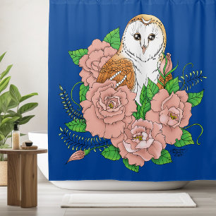 Schuur Uil Roze Bloemen Blauw Douchegordijn