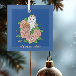 Schuur Uil Roze Bloemen Blauw Glas Ornament